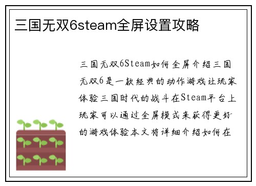三国无双6steam全屏设置攻略
